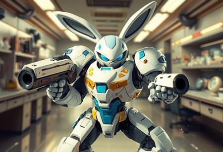 Mecha Bunny, white armor, blue/yellow accents, large gun, dynamic action pose, Brain Research Lab background, cinematic lighting, octane render, Unreal Engine 5, splash ink illustration, Artstation trending, CGSociety, golden ratio, Raphael style, isometric view, vivid emotions, detailed eyes, 4k, exceptional quality.