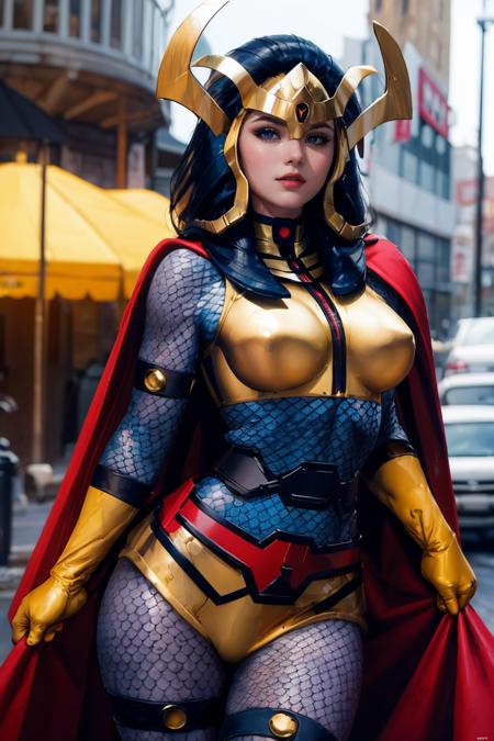 CARTOON_DC_big_barda_ownwaifu, www.ownwaifu.com,
breasts, large breasts, tall female, makeup, lipstick, lips, blue eyes, black hair, curvy, toned, 
cape, helmet, armor, red cape, gloves, superhero, bodysuit, fishnets, yellow gloves, fishnet bodysuit, shoulder armor, belt, breastplate, gold armor, horns, 
<lora:CARTOON_DC_big_barda_ownwaifu-15:0.9>, official art,extremely detailed CG unity 8k wallpaper, perfect lighting,Colorful, Bright_Front_face_Lighting,shiny skin, (masterpiece:1.0),(best_quality:1.0), ultra high res,4K,ultra-detailed, photography, 8K, HDR, highres, (absurdres:1.2), Kodak portra 400, film grain, blurry background, (bokeh:1.2), lens flare, (vibrant_color:1.2),professional photograph, (beautiful_face:1.5),