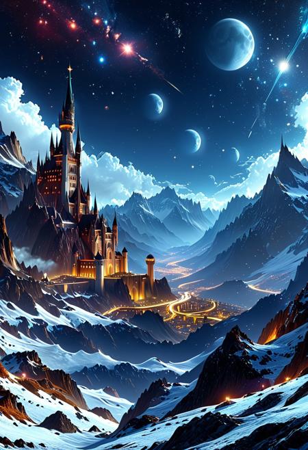 A captivating night scene illustration featuring a bright and inviting futuristic space base on a great  great mountain. The great technologically advanced base and mountain are much like Neuschwanstein Castle in Bavaria. Spaceships fly overhead. This enchanting artwork captures a dark but comforting night, where 2 brilliant moons hang above and over the  great valley  and advanced space fortress which  stands resolute amidst the great mountains, creating a cinematic experience., space_backround, illustration, cinematic
<lora:DonM3t3rn1tyXL-v1.1:0.7>, DonM3t3rn1tyXL,
OverallDetailXL  <lora:MJ52:0.3>  <lora:SDXLFaeTastic2400:0.4>  <lora:EpicF4nta5yXL:0.7>, GhostlyStyle , lthndrtrl
