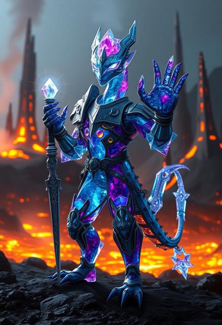 A highly detailed, intelligent portrait of a Krython, a crystalline species from volcanic realms. Standing upright with two hands, two feet, and a tail, the Krython wears ornate fantasy armor, holding an intricately designed weapon that hints at its advanced culture. Its body, made of multifaceted translucent crystals, refracts vibrant colors ranging from deep blues to shimmering purples. Its sharp, sleek limbs and angular features highlight both its intelligence and otherworldly elegance. Glowing eyes radiate internal energy, reflecting its emotions and keen awareness.
In the background, futuristic architectural spires of sci-fi design emerge from the volcanic terrain, crafted from crystal and metal, harmonizing with the surrounding geothermal environment. These towering structures pulse with energy, symbolizing the Krython’s sophisticated civilization.
The volcanic landscape, with molten lava and rising steam, glows in the eerie light of geothermal vents. The Krython stands confidently, manipulating energy waves with one raised hand, demonstrating its ability to communicate through harmonic vibrations. Cinematic lighting enhances the crystal textures and the vivid colors of the surroundings, emphasizing the majesty, power, and intelligence of the Krythons, guardians of their volcanic realm. (Ultra-realistic, 32k, Masterpiece, High Quality, Detailed Realistic Background, Official Art, Realistic Lighting).