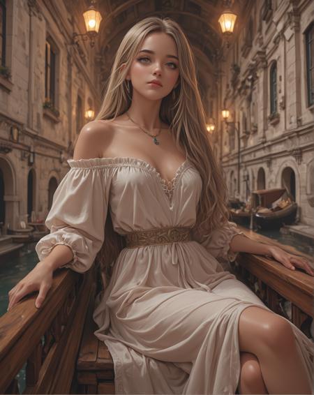 1Female. Cute sexy supermodel. She is sitting in a gondola in the canals of Venice, Italy. She is wearing off-shoulder pink traditional Italian dress. Highly detailed beautiful expressive eyes. Modern Italian Hairstyle. Light makeup. Stunning depiction of dawn in Venice. Soft lighting. Photorealistic, Natural atmospheric lighting, intricate details, 35mm photograph, film, professional, 4k visuals, highly detailed, elegant, studio quality.