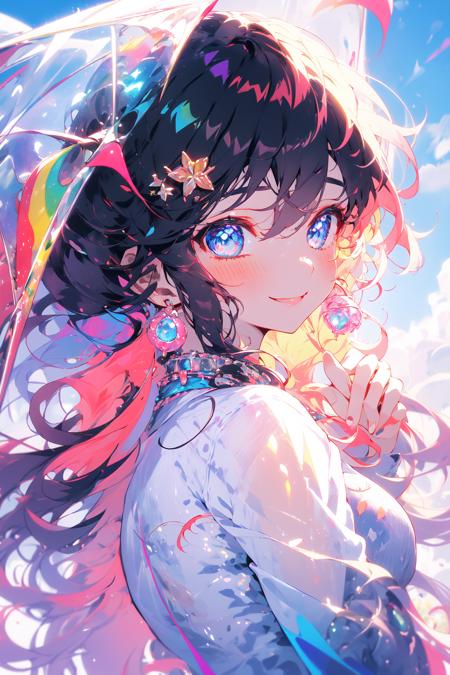 (masterpiece:1.2), best quality,PIXIV,Colorful portraits
1girl, solo, looking at viewer, blue eyes, smile, earrings, jewelry, blush, long hair, transparent, pink hair, multicolored hair, closed mouth, upper body, blonde hair, umbrella, bangs, hair between eyes, hair ornament, rainbow, long sleeves, from side, looking to the side
 <lora:Colorful portraits_20230715165729-000018:0.9>