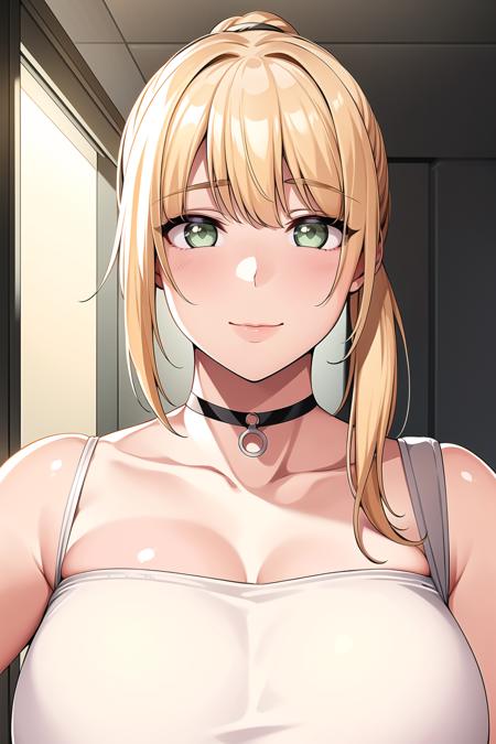 Simple White Background,
collarbone,white_shirt,shorts,
<lora:Junecloseasneighbors-V1:0.7>,choker,bokeh,
blonde hair,green eyes,ponytail, bangs,
<lora:Oda_Non_Style-KK77-V2:0.1>,<lora:more_details:0.1>,
1 girl, 20yo,Young female,Beautiful Finger,Beautiful long legs,Beautiful body,
Beautiful Nose,Beautiful character design, perfect eyes, perfect face,expressive eyes,perfect balance,
looking at viewer,(Focus on her face),closed mouth, (innocent_big_eyes:1.0),(Light_Smile:1.0),
official art,extremely detailed CG unity 8k wallpaper, perfect lighting,Colorful, Bright_Front_face_Lighting,White skin,
(masterpiece:1.0),(best_quality:1.0), ultra high res,4K,ultra-detailed,
photography, 8K, HDR, highres, absurdres:1.2, Kodak portra 400, film grain, 
blurry background, bokeh:1.2, lens flare, (vibrant_color:1.2),professional photograph,
(Beautiful,large_Breasts:1.4), (beautiful_face:1.5),(narrow_waist),