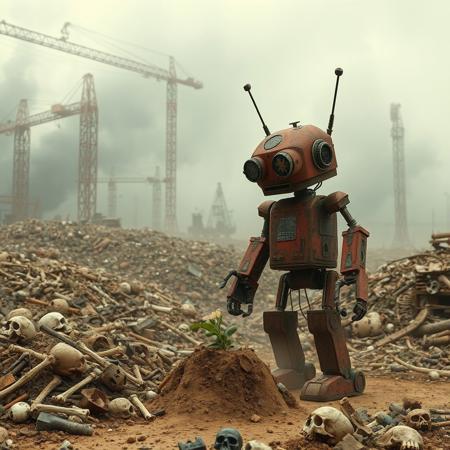 apocalyptic world, trash everywere, giant cranes, robot parts dump. black smog, crushed bones and skulls, dust, a big red robot, square arms with tentacles, rusty body, small legs, big rounded mechanical starry eyes broken antenna medical logo visible electrical parts pieces from another robots poorly united,  watching a small flower growing up on a small mound of earth