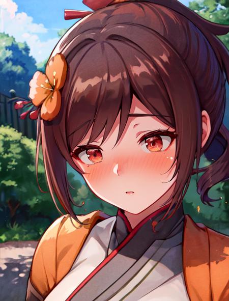 best quality, masterpiece, highres, detailed, digital artwork, <lora:Tools - add_detail:0.2>, ChioriGenshin, red eyes, brown hair, ponytail, short hair, drill hair, orange dress, traditional clothes, head flower, medium breasts, <lora:Character - ChioriGenshin:0.9>, park, sakura, blush. close-up, looking away, averted eyes, date, full-face blush,