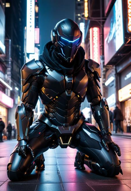 score_9, score_8_up, score_7_up, score_6_up, score_5_up, score_4_up, (absurdres, best quality, masterpiece:1.4), illustration, photorealistic, cinematic lighting, dynamic angle, perfect composition, mech armor, sleek black armor, cybernetic mask, hidden blades, cloak, stealthy, urban night, neon lights, crouching, silent, high-tech gadgets