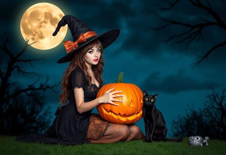 A beautiful lady in a witch's hat and dress on a moonlit night with a full moon while holding a pumpkin and a black cat sitting next to the lady.