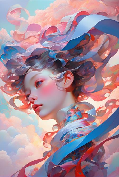 _james jean, floating female figure made of ribbons, smoke, in the sky, colorful and vibrant, mystical colors, contemporary impressionism, yanjun cheng portrait painting, iridescent painting, 3/4 perspective view, cute face, low angle, sweeping circling composition, large beautiful crystal eyes, big irises, UHD, HDR, 8K, (Masterpiece:1. 5), (the most beautiful portrait in the world:1.5)