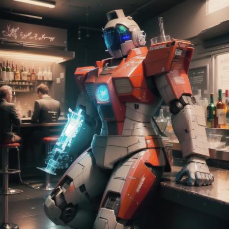 (masterpiece, best quality, ultra-detailed,cinematic scene), extreme detailed,highest detailed, best illumination, 8K,mecha, sitting, bar, night light, neon, cocktail, holding glass, suit<lora:JM:0.8>