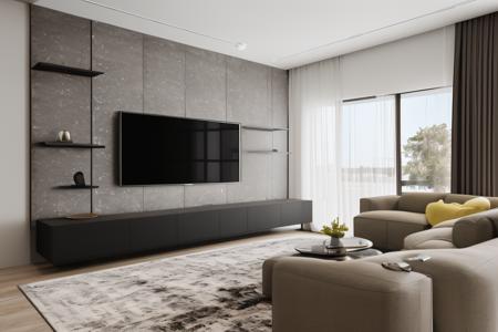 living room,tv wall,couch,masterpiece,best quality,fine face,depth of field,4K,HD,professional photography,photo realistic:1.4,