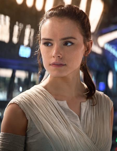 breathtaking photo of sksjedi, 1girl, brown hair, ponytail, blurry, lips, depth of field, blurry background futuristic city lots of lights, portrait, realistic, nose, professional, 4k, highly detailed <lora:Rey:1.2> . award-winning, professional, highly detailed