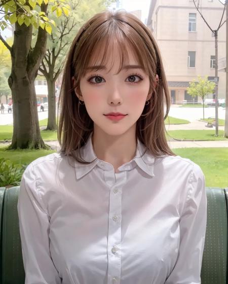 best quality, photorealistic, 8k, high res, full color, 1girl, woman, 20 years old woman, (closed mouth:1.73), (skindentation), (portrait:0.6), trees, park bench, daylight, ((park background:1.52)), full color, ((whitebuttonedshirt:1.58)), looking at viewer:1.8, (1girl eyes looking at viewer:1.55), (medium hair, brownhair, partedbangs:1.45), (bokeh), <lora:AAV-konan:0.69>