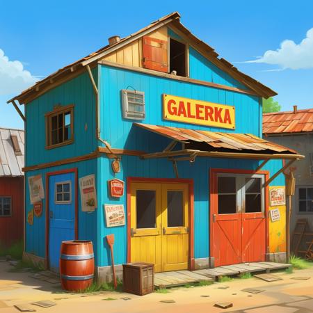 masterpiece,(cartoon style), <lora:CartoonStyle_Hap_XL:1.6>, Illustration of a ramshackle garage transformed into the vibrant hub of 'Galerka Games', operation boasts a weather-beaten edifice with patched walls under a burdened roof, main sign, a rusty testament hanging lopsided, boldly declaring 'Galerka Games', asymmetrical windows reveal the battlefield of creativity, a home crafted 'Open/Closed' sign in a tilted dance on the quirkyï¼