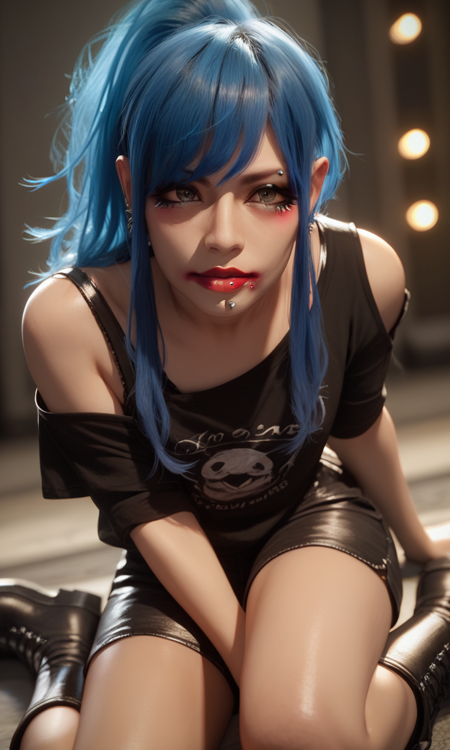 t4k4sh1, gray eyes, blue hair, lipstick, mouth piercing, black top, black blouse, showing shoulder, black shorts, black boots