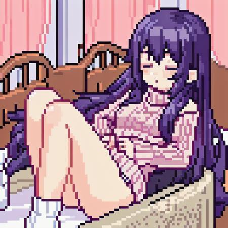 Pixel art, 1girl, cute, bed, sleeping, medium breasts, sweater, long sweater