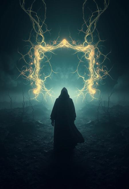 An ethereal, spiritual creative light art piece features a mysterious figure within a dark, overpopulated wasteland.  The image uses high-quality, photorealistic rendering with dramatic composition, emphasizing intense detail and a barren landscape.  An ominous, apocalyptic atmosphere is created with mystical lighting and abstract patterns.