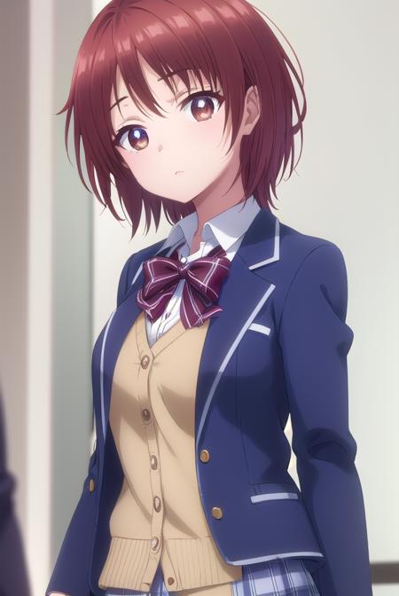 chitoseshirakawa, <lora:chitose shirakawa s1-lora-nochekaiser:1>,
chitose shirakawa, short hair, (brown eyes:1.5), red hair,
BREAK skirt, bow, school uniform, jacket, pleated skirt, plaid, plaid skirt, blazer, cardigan,
BREAK indoors, classroom,
BREAK looking at viewer, (cowboy shot:1.5),
BREAK <lyco:GoodHands-beta2:1>, (masterpiece:1.2), best quality, high resolution, unity 8k wallpaper, (illustration:0.8), (beautiful detailed eyes:1.6), extremely detailed face, perfect lighting, extremely detailed CG, (perfect hands, perfect anatomy),