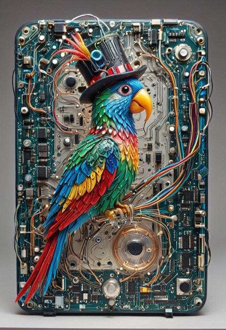 embedding:lazmpos, Transistors, pcb_style, LED, colorful LED lights, RGB lights, red green and blue parrot, art deco, top hat, cane, monocle,RetroBG