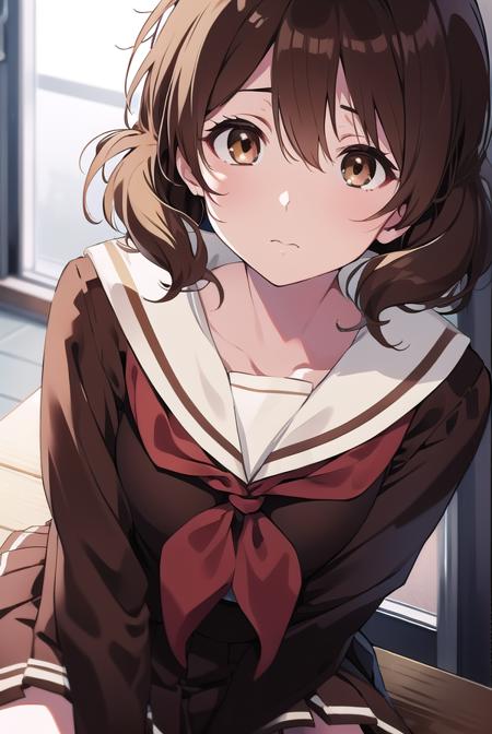 kumikooumae, <lora:kumikooumaetest:1>, 
kumiko oumae, (brown eyes:1.5), brown hair, short hair, wavy hair, (flat chest:1.2),
BREAK brown shirt, brown skirt, kitauji high school uniform, long sleeves, neckerchief, pleated skirt, red neckerchief, sailor collar, school uniform, serafuku, shirt, skirt, uniform, white sailor collar,
BREAK looking at viewer,
BREAK indoors, classroom,
BREAK <lora:GoodHands-vanilla:1>, (masterpiece:1.2), best quality, high resolution, unity 8k wallpaper, (illustration:0.8), (beautiful detailed eyes:1.6), extremely detailed face, perfect lighting, extremely detailed CG, (perfect hands, perfect anatomy),