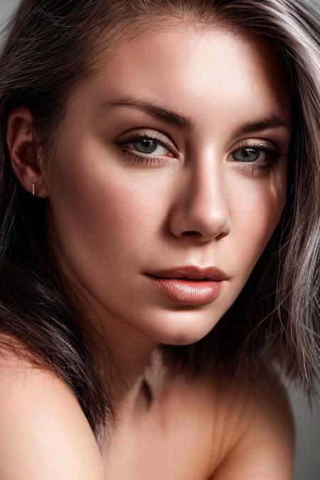 jnh, closeup portrait of young woman, topless, rim light, (grey background:1.0), slick hair,
 <lora:CR-JenniferHolland-frankyfrank2k:1.1>