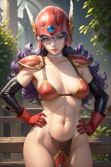 soldier, long hair, winged helmet, blue eyes, hair between eyes, curly hair, purple hair, red armor, bikini armor, red gloves, elbow gloves, choker, cleavage, thigh strap, muscular red boots