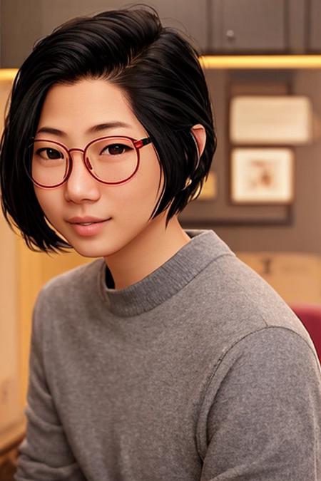 alexchen,1girl, solo, glasses, jewelry, realistic, blurry background, brown eyes, black hair, earrings, nose, necklace, shirt, lips, short hair, happy, mole, black shirt, piercing, sweater, sitting