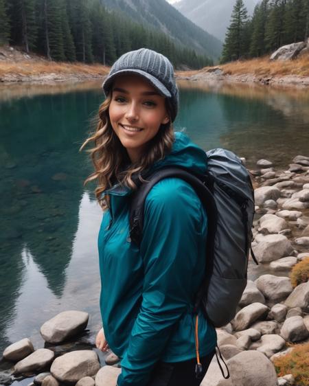 rachel_cook, <lora:RCookXL:1>,adult woman,  solo, outdoors, (morning), mountains, nature, (sunrise) cheerful, happy, backpack, sleeping bag, tent, camping stove, water bottle, mountain boots, gloves, sweater, hat, forest, rocks, river, wood, smoke, shadows,  clear sky, (look at viewer), ((upper body, selfie, happy)),