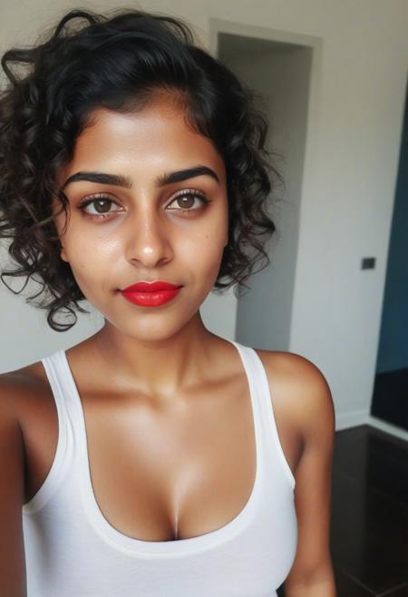 cute indian girl, curly short hair, dusky skin, sweat, wet hair, wet body, tight white tank top, full body view, very sweaty body, sexy, selfie, full body view from selfie, sexy, milf, very busty boobs, big cleavage, visible breast, standing, day time, eyes open, wet red lipstick, black eye kajal mascara, dimple