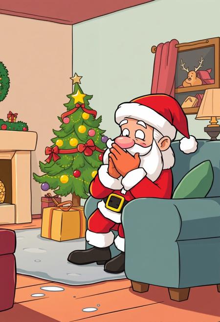 CARTOON STYLE, LIVING ROOM, CHRISTMAS TIME, SANTA CLAUS COVERING HIS NOSE BECAUSE HE SMELLED SOMETHING NASTY