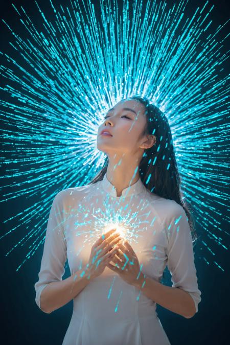 Woman glowing in fine light particles,  brilliant sparks and showers,  ethereal,  luminous,  dynamic composition,  rich textures,  blue,  turquoise,  bright white,  centered,  subject in the center
, aodaixl,<lora:EMS-265525-EMS:0.700000>