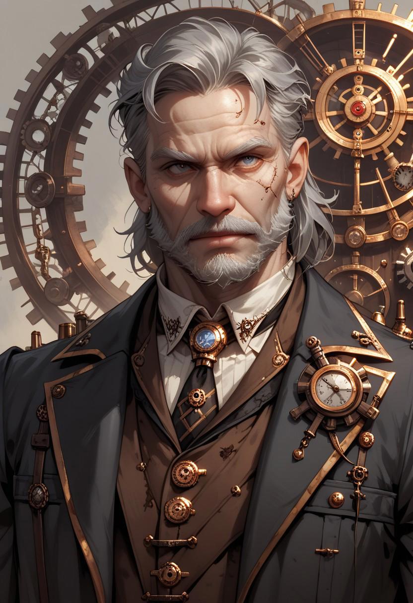 score_9, score_8_up, score_7_up, solo, elderly male, God of Time, God of Knowledge, Wise old man, steampunk clockwork mechanic, wrinkled face, long grey hair, long grey beard, The Time Ward, clocktower interior background, lawful neutral alignment, dungeons and dragons character, highly detailed, dnd, cowboy shot, semi-realistic