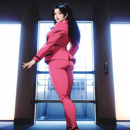 YokoYazaki,1girl,black hair,longhair,black eyes,red_lips_,solo, pink jacket,turtleneck,pink pants, boots,