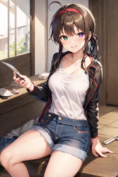 ryoubi \(senran kagura\), jeans, heterochromia, shirt, small breasts, hairband, brown hair, white pupils, smile, indoors, <lora:ryoubi-07:0.6>