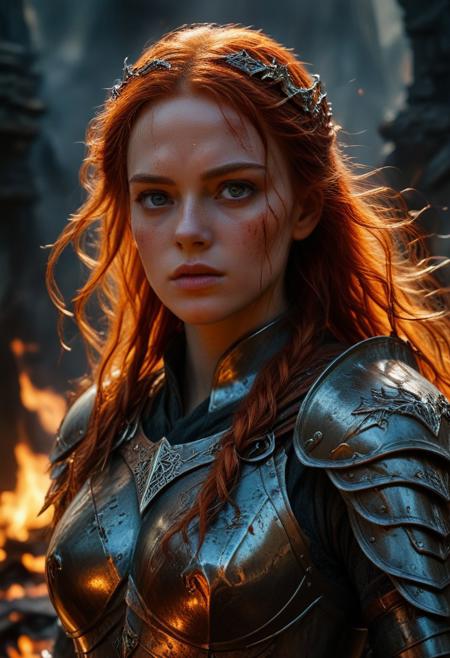 Ultra detailed digital art masterpiece Warrior girl dressed in a iron Armor and winter coat, standing in a bloody battle, looking thoughtfully into the distance, dark fantasy medieval dirty Town, perfect lighting, beautiful Sadie Sink as Warrior girl, attractive woman, elegant, attractive figure, sinewy athletic body, unreal engine 5 nanite quality, mixed with dark elements, dark environment, very cold winter night, clean dark velour witch clothing, LOTR style, dark washed out eyeliner, no make up, natural pale bloody face, realistic blue eyes, ultra detailed atmospheric details, beautiful glowing effects, sparkle effects, realistic body proportions, beautiful face proportions, complex masterpiece, wavy red hair, creative glowing detailed tattoos, complex physics, enhanced colors, complimentary colors, ultra detailed raytracing reflections, Ultra detailed complex background, environment feels alive, direct eye contact, dramatic lighting, wet and sweaty skin, beautiful firm Breasts, Concept art portrait by Greg Rutkowski