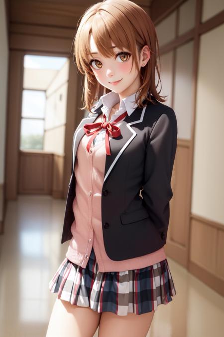 (masterpiece, best quality:1.2), <lyco:oregairu_isshiki-10:0.9>, cowboy shot, solo, 1girl, isshiki iroha, smile, closed mouth, looking at viewer, arms behind back, school uniform, blazer, long sleeves, cardigan, neck ribbon, plaid skirt, school hallway