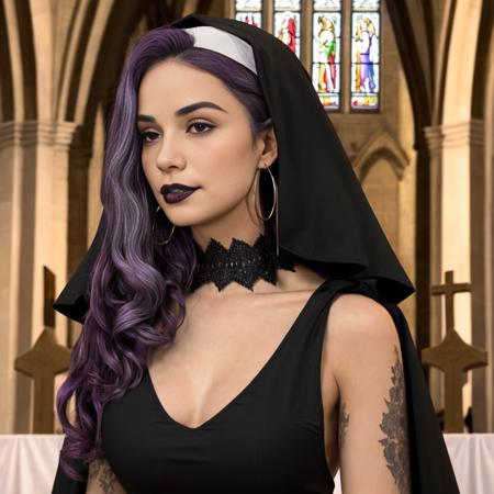 <lora:Jameliz:1>, ((masterpiece)), intricate detail, purple (hair,) hoop earrings, nun clothes, indoors, gothic church, black paint