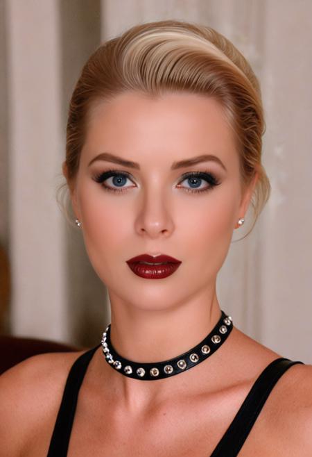 1girl, solo, face portrait,
<lora:Gra_Kel-SDXL:0.8> Gra_Kel, blonde hair, short hair, blue eyes, makeup, lipstick,
alluring, charming, irresistible, attractive, glamourous, sizzling hot, bewitching, dazzling, ravishing, delightful, graceful, seductive gaze, seductive mouth, seductive eyes,
wearing a tight black leather tank top with wide straps, ultra-short leather shorts with silver rivets, thick knee-high combat boots, a large silver ring on the right hand, intense eye makeup with dramatic lashes and a bold black eyeliner look, deep wine lipstick, nails painted silver, 
irritated with tense jaw, narrowed eyes, a set mouth, and an annoyed expression,
(location is set in a cozy living-room, with a soft rug, a comfortable couch, a dog curled up in its bed, a warm atmosphere , in the evening:1.2),
very detailed, highly detailed textures, cinematic film still, analog photo, bokeh, 8k, depth of field, ultra realistic