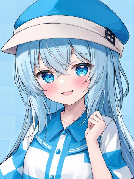 blue eyes, hat, solo, smile, looking at viewer, closed mouth, blush, hair over one eye, upper body,1girl,  checkered backgroundï¼ blue headwear