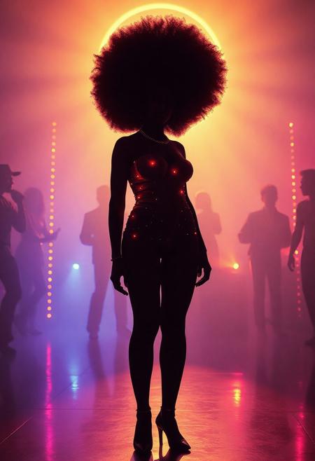 A double exposure image featuring a glowing silhouette of a standing Black woman with a huge perfectly shaped afro from the 1970s with ethereal illumination. The scene blends a 1970s disco nightclub within the woman, creating a stunning, otherworldly energy. dramatic disco lighting, 3D render, conceptual art.