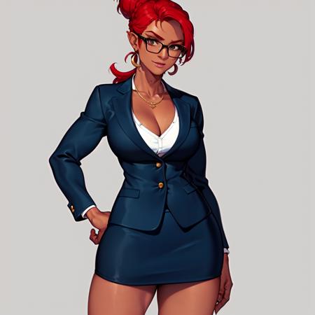 masterpiece, high quality, highres, detailed face, full_body of Urbosa <lora:urbosa:0.35> dark skin, red hair, sharp features, (((business suit jacket and black tights and dark blue skirt))), ((hair in bun)), wearing glasses, unbuttoned white shirt sfw