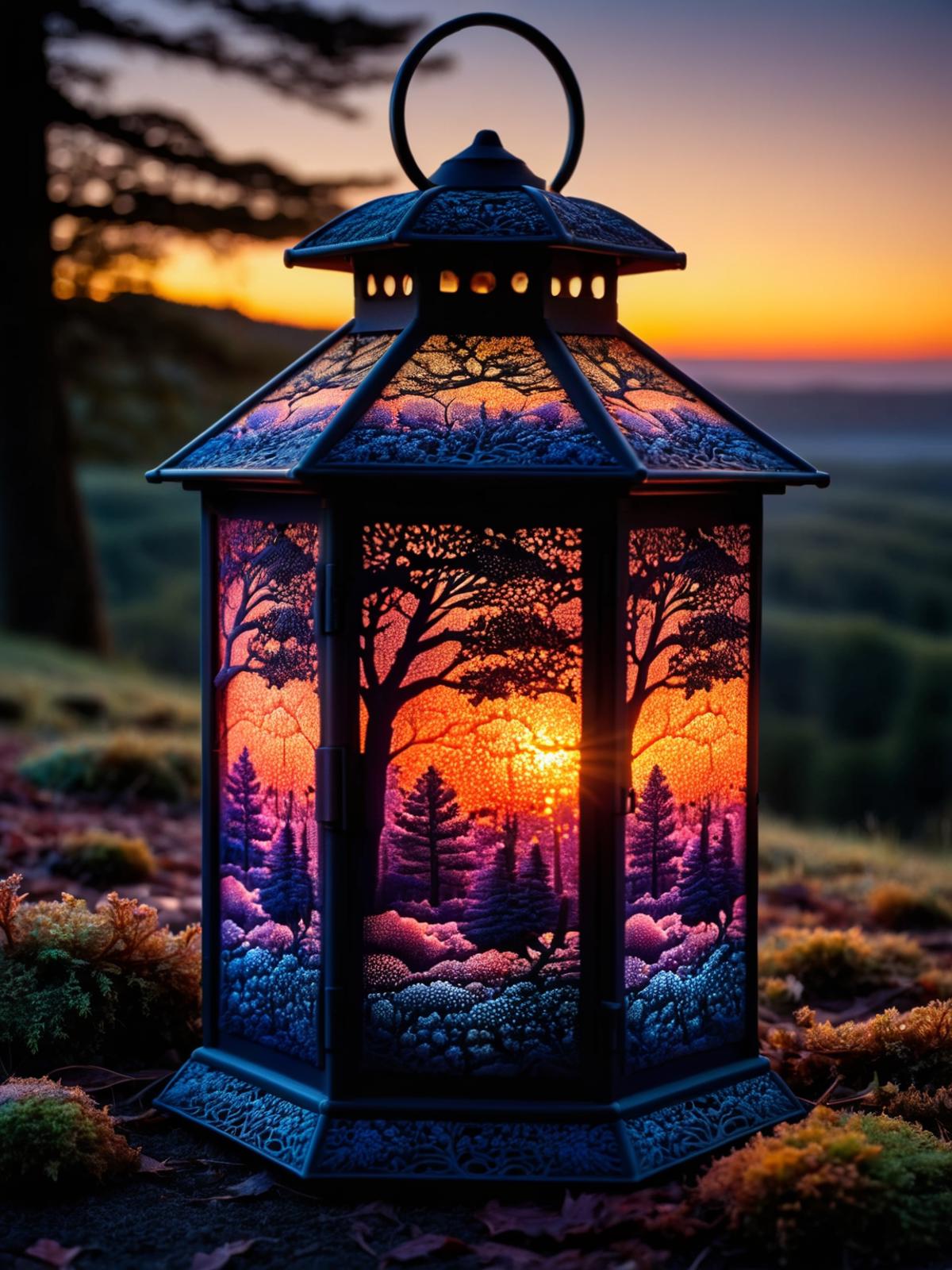 A Blue Glass Lamp with a Forest Scene at Sunset