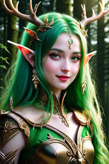 masterpiece, awesome quality, hyper detailed, DonM3lv3s  female elf, long ears, very small antlers, war-craft, north American face, golden armour, druid, looking at viewer, blush, parted lips, kind smile, sfw, outside, magical forest, trees, riven-dale, ancient ruins, dreamlike, green aura, glowing, fantasy,  <lora:DonM3lv3s-000008:0.8>