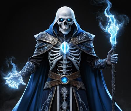 A skull sorcerer, skull face, bones, blue glowing eyes, magical clothes, mage, casting (ice power:1.35), ice, ice spell, full body, charged aura, mana, energy
