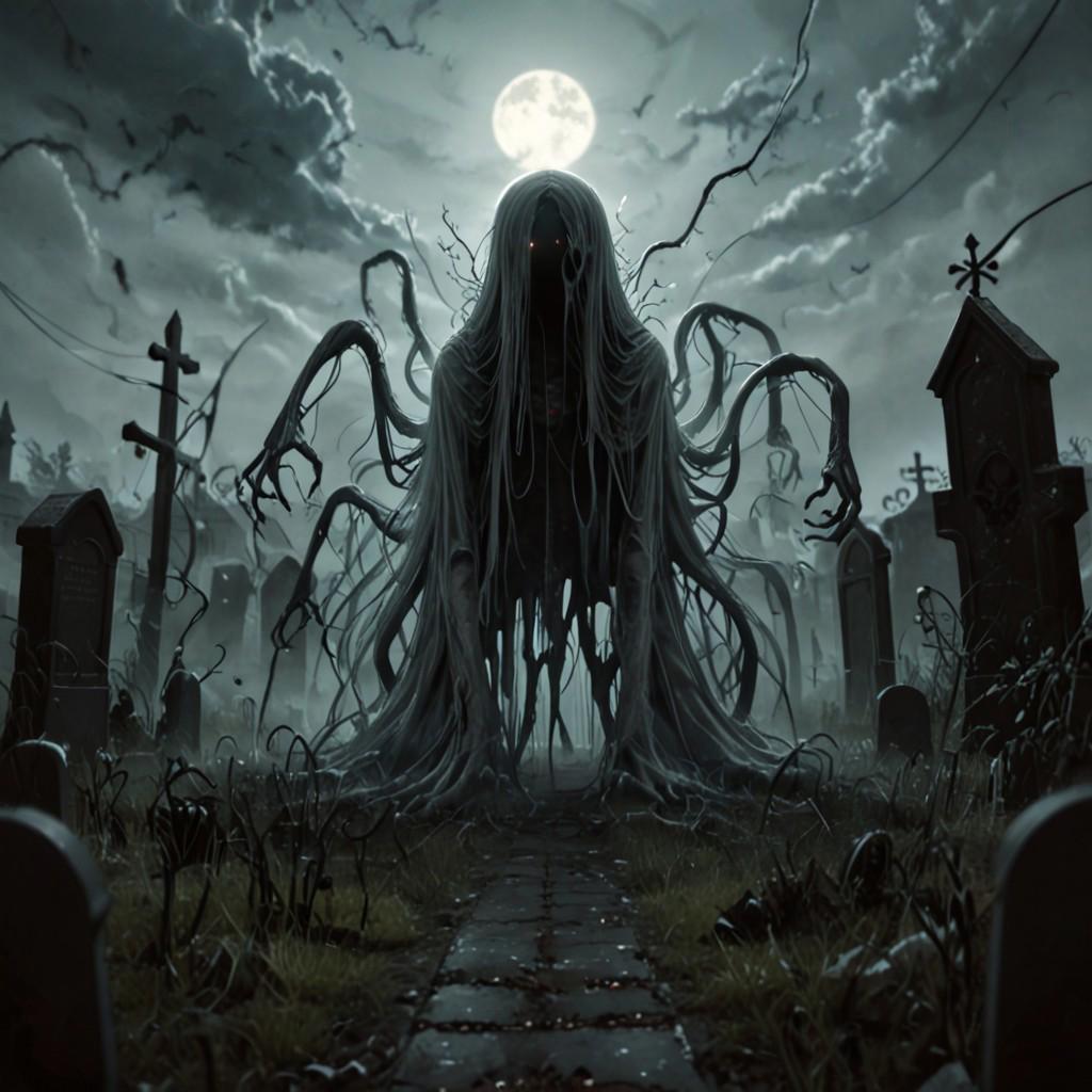 horrible monstrous ghost floating in a nighttime graveyard, it is swirling with undead souls, they are eerie and glow with ectoplasm