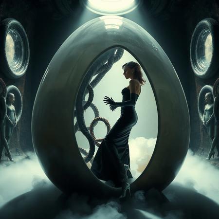 noble norvegian femme fatal lady  standing struggling with with tentacles pulling her inside  hole in giant transparent slime egg,  wearing evening GLOSSY THIN black slime live tentacles gown, GLOVES  and high heels, , surrounded by  weird fog from the floor, captured in light beam from celling,   giant slime covered transparent eggs with encased ladies at background, alien breeding chamber,  liver slime walls, portholes to outer space,  ultrathin waisT, HORROR,  reminiscent of H.R. Giger, Zdzisław Beksinski, and Ash Thorp's dark, sleek styles, with close-up glamour photography, glossy satin and silver heels glistening, fleshy slime dripping, and dark shadows.