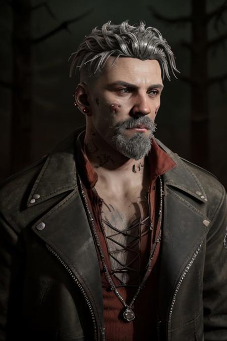 vittorio_toscano wearing a black jacket over a red shirt, jeans, 
Fighting in the forest, fog, night, scary,
gray hair, gray beard, earring, face tattoo,
upper body, hut background, detailed , masterpiece,
dark atmosphere, horror, terror, cinematic compostion, smooth skin,ultra realistic,32k,RAW photo,(high detailed skin:1.2), 8k uhd, dslr, soft lighting, high quality,
<lora:vittorio_toscano:0.8>