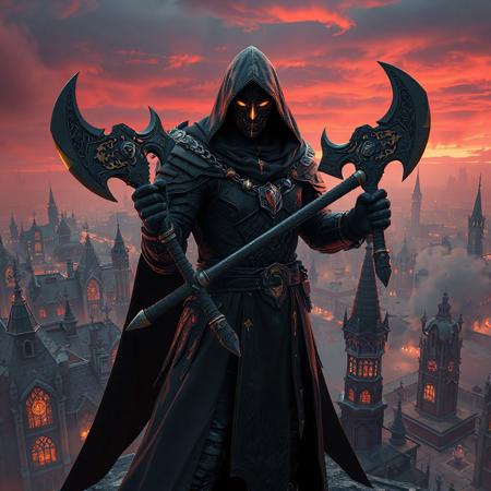 "A cinematic portrait of Black Luster Soldier - Sacred Soldier: armored warrior in a matte-black hooded cloak, ornate mask with gold filigree and glowing runes, wielding twin obsidian battle-axes. Standing in a dynamic pose atop Artmegia the Academy City of Divine Arts—a sprawling gothic metropolis with crimson-lit spires, floating magical tomes, and shattered stained-glass windows. Hyper-detailed textures: cracked armor plates, smoldering axe blades, and ethereal cloak fabric. Stylized with Dark Souls grandeur and Final Fantasy flair. Rendered in Unreal Engine 5 realism, Octane Render gloss, and Dutch angle composition. Color palette: blood-red skies, ash-gray architecture, and golden magical accents. Background features swirling energy storms and faint glowing sigils. Trending on ArtStation, 8K HDR, golden ratio framing. Tags: dark fantasy warrior, menacing aura, hyperrealistic armor, volumetric fog, cinematic depth-of-field."