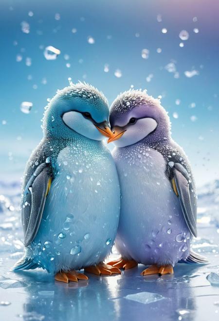 two adorable chibi penguins hugging on the ice, 
snowy icy artic background, 
Broken Glass effect, 
no background, 
stunning, 
something that even doesn't exist, 
mythical being, 
energy, 
molecular, 
textures, 
iridescent and luminescent scales, 
breathtaking beauty, 
pure perfection, 
divine presence, 
unforgettable, 
impressive, 
breathtaking beauty, 
Volumetric light, 
auras, 
rays, 
vivid colors reflects