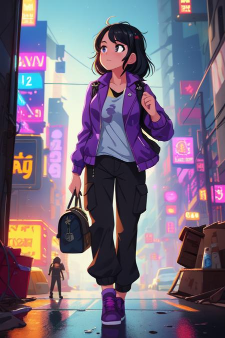 (best quality, high quality:1.3), hires, masterpiece, highly detailed, cg, reflections, ray tracing, lens flare, cinematic lighting, cinematic bloom, rule of three, vanishing point, intricate details, cyberpunk, city neon lights, street, night, dystopian, 1girl, beautiful, messy black hair, breast, purple jacket and baggy pants, looking back, walking, close up, from bottom