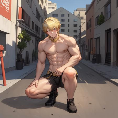 jiepade,one knee,1boy,gold hair,masterpiece, best quality, (heart-shaped face:0.8),muscular,street<lora:jiepade-v2-000010:0.8>